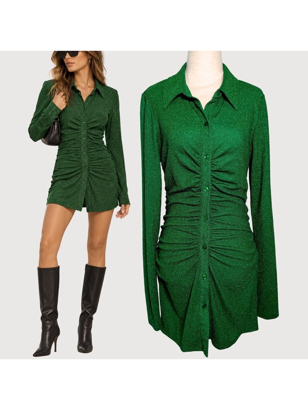 Good American Sparkle Ruched Button Front Mini Dress Green 2